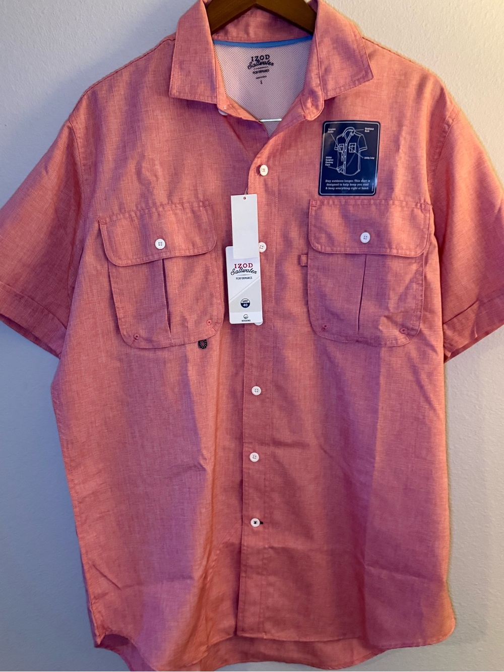Izod Short-Sleeve Button-Down Shirt in Coral